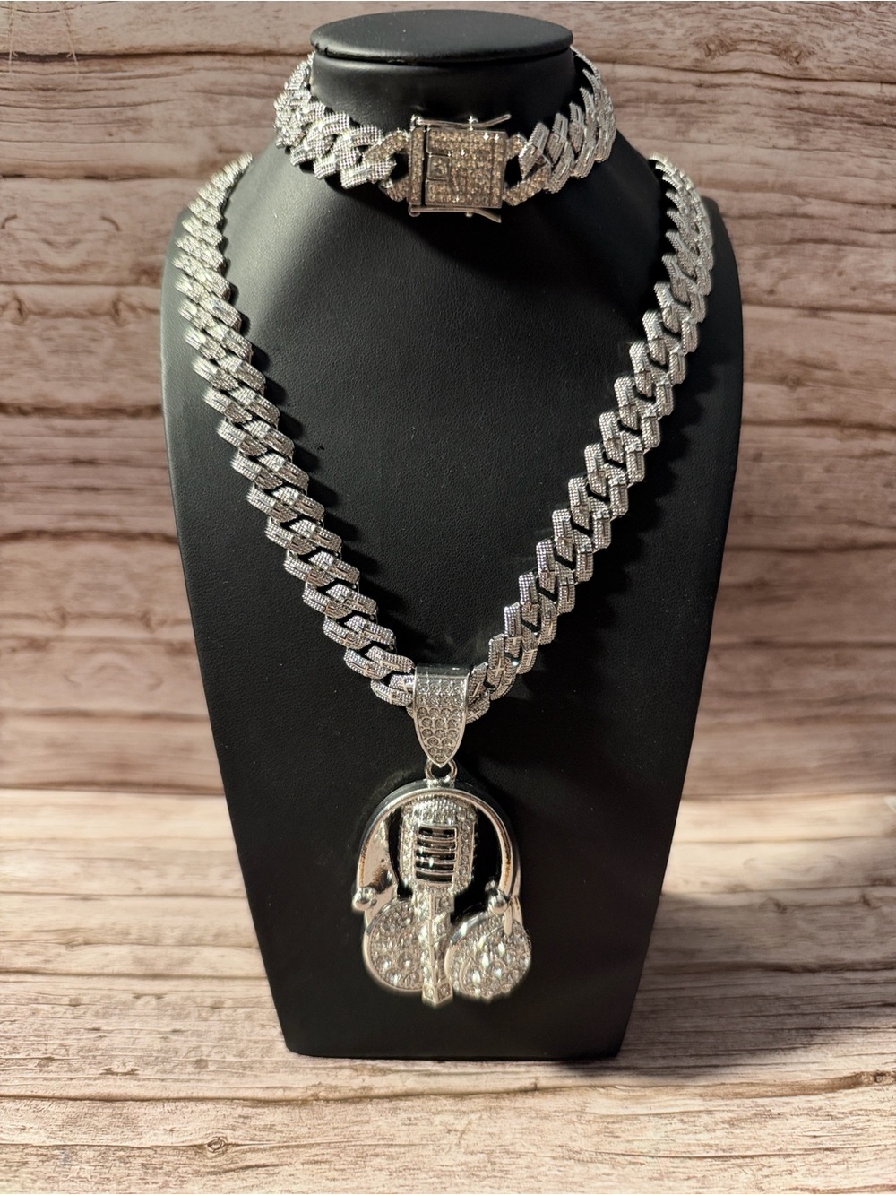 Men's Iced Out Microphone Pendant Chain Necklace and Bracelet Set Stainless Stee
